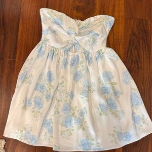 Altar'd State Strapless Floral Mini Dress in White and Light Blue